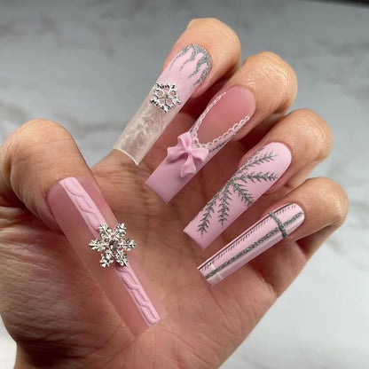 Rose Pink Long Coffin Fake Nails French Style Leopard Star Printed Press on Nails Y2K Girls Charms Manicure Black False Nails Good Vibrations