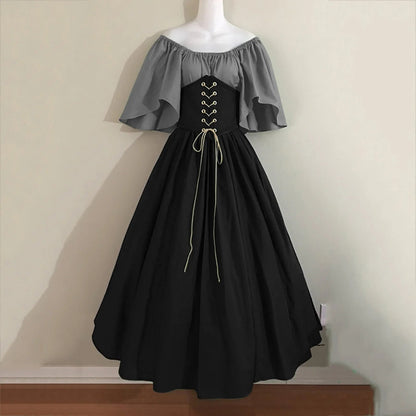 Halloween Costumes for Women Medieval Retro Contrasting Color Slim Swing Dress One-word Shoulder Dress Love Live Cosplay Good Vibrations
