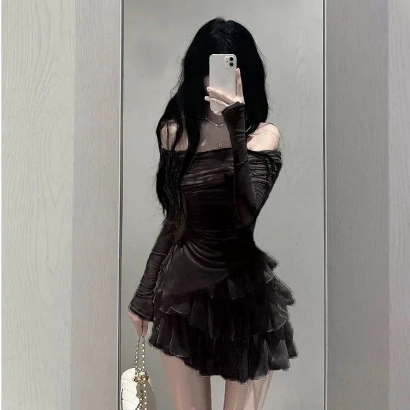 cold-shoulder Tops Mini Cake Skirt Suit Slim Kawaii Y2k Clothes