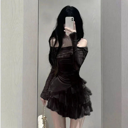 cold-shoulder Tops Mini Cake Skirt Suit Slim Kawaii Y2k Clothes