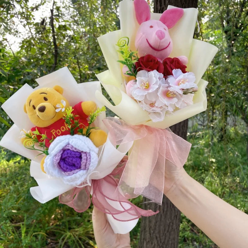 Catoon Stich Winnie the Pooh Plush Doll Toy With Flowers Creative Handmade Bouquet Valentine Christmas Graduation Gift Good Vibrations