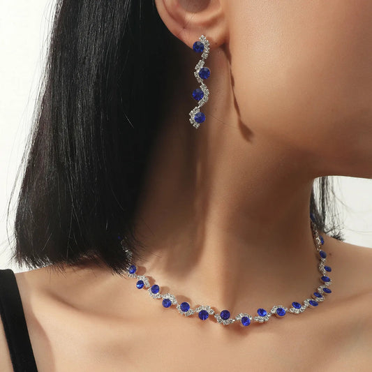 BLIJERY elegant royal blue crystal rhinestone choker necklace earrings jewelry set charm vintage wedding accessories for women Good Vibrations Adult Super Store