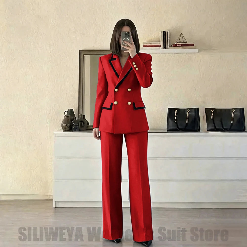 Women's Red Suit Two Piece Set Double Breasted Blazer with Black Trim and Pants Elegant Formal Fashion Daily Casual Party Tuxedo Good Vibrations