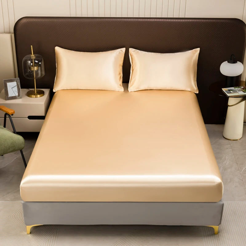 1Pc Satin Fitted Sheet Solid Colour Twin Full Queen Ice Silk Mattress Cover Natural With Elastic Band Bed Sheet (No Pillowcase) Good Vibrations