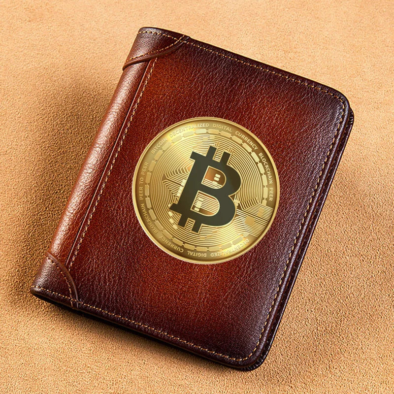 High Quality Genuine Leather Men Wallets Golden Bitcoin Sign Printing Short Card Holder Purse Billfold Men's Wallet BK1003 Good Vibrations