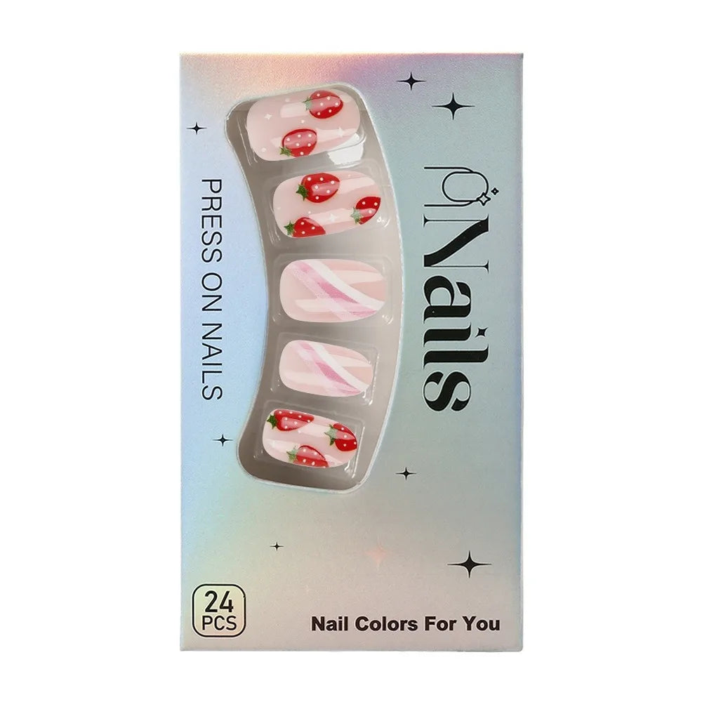 24pcs Short Glossy Oval Fake Nails Cute Sweet Strawberry Fake Nail Patch Wearable Full Cover for Girl Press on Nail Tips Good Vibrations