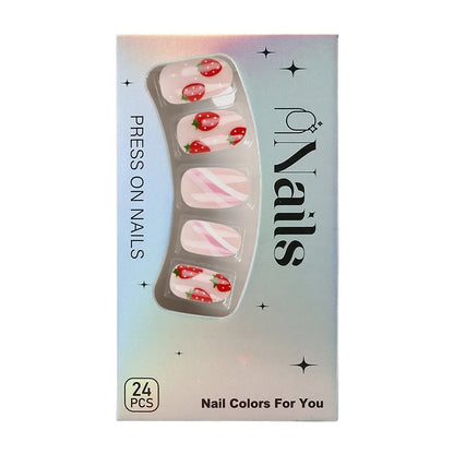 24pcs Short Glossy Oval Fake Nails Cute Sweet Strawberry Fake Nail Patch Wearable Full Cover for Girl Press on Nail Tips Good Vibrations