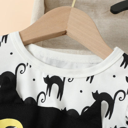 Halloween Kids Dress Girls Autumn Long Sleeve Cotton Cartoon Cat Print Tulle Skirt  European American Style Party Costume Good Vibrations