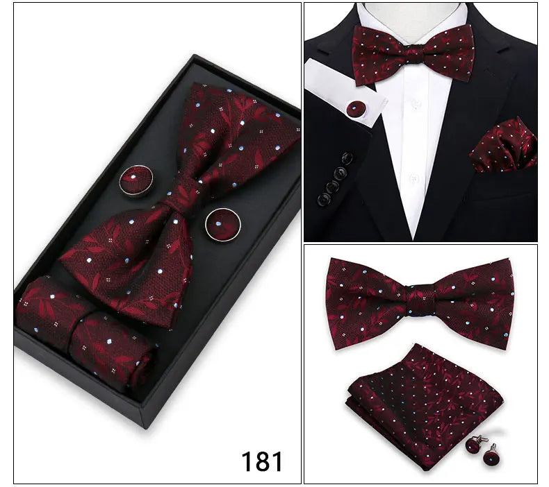 Bowtie For Men Set Gift Box Business Gift Fashion Bow Tie Pocket Square Cufflinks Set Bowtie 3pcs For Wedding Hanky Cravata Neck