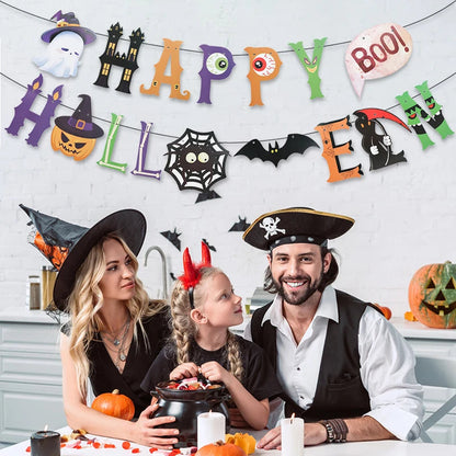 Halloween Party Paper Garland Bat Pumpkin Banner 2025 Happy Halloween Party Decoration for Home Trick or Treat Hanging Pendants Good Vibrations