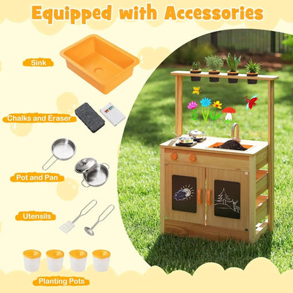Mud Kitchen, Fir Wood Outdoor Play Kitchen for Toddlers, 4 Planting Cups, Cookware, Faucet & Sink, DIY Acrylic Board & Blackboar Good Vibrations