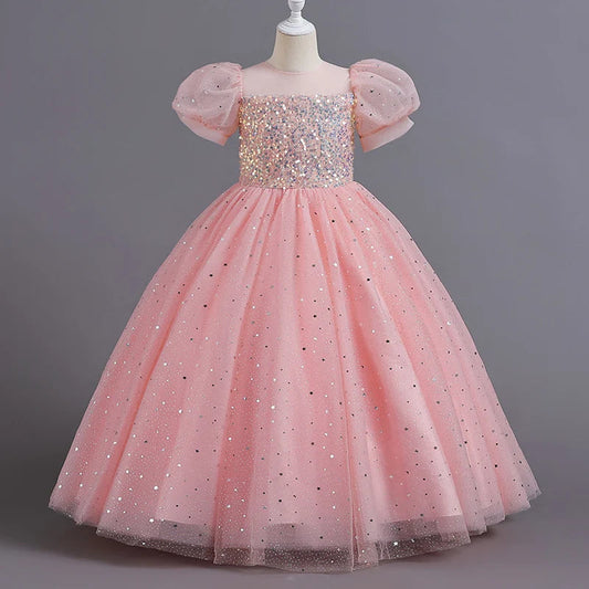 8903 Children's Dress Girls' Princess Sequin Bubble Sleeve Long Mesh Flower Little Girl Wedding For Summer Good Vibrations