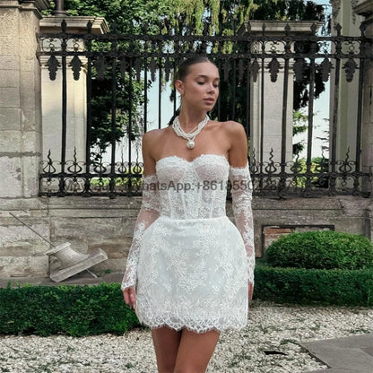 Glamorous A Line Wedding Dress Lace Strapless Removeable Sleeves Celebrate Bridal Gown Short vestidos de novia Customized Good Vibrations