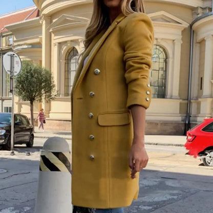 Women Wool Coat Autumn Winter Long Sleeve Pure Color Turn-Down Collar Double-breasted Women Overcoat Women Greatcoat Outerwear Good Vibrations