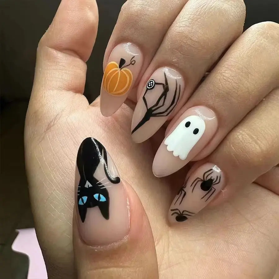 24Pcs/set Almond Halloween Press on Nails Black Bat Fake Nail Moon and Stars Pattern Removable Wearable Nails for Women&Girl Good Vibrations