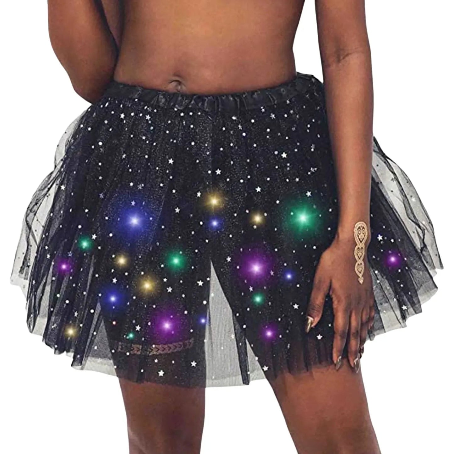 Halloween Cosplay Women Star Sequins Mesh Pleated Tulle Princess Skirt With LED Skirt Party Dancing Miniskirt Costume Clothing Good Vibrations