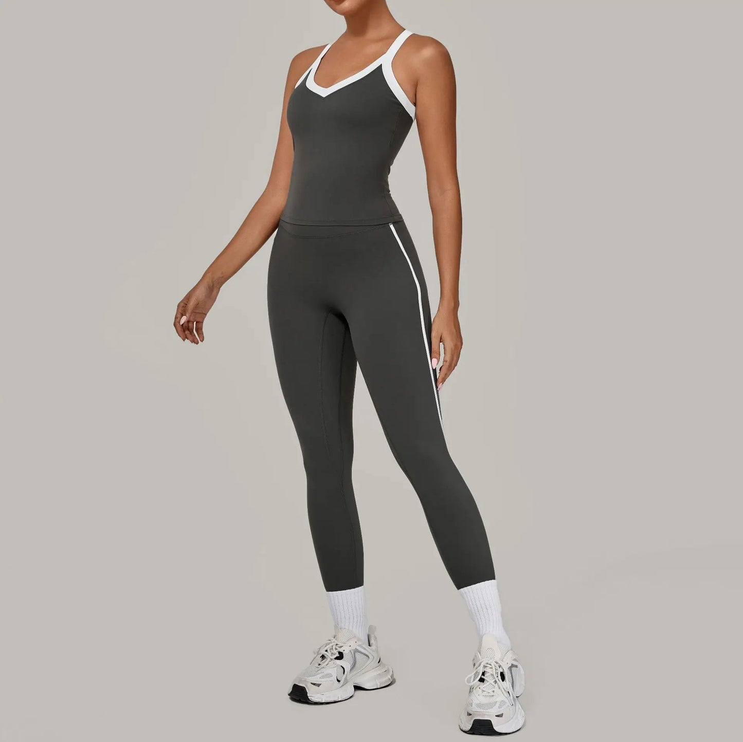 Autumn Yoga Outfit for Women V Neck Sports Tank Top Sets with Chest Pad Workout Leggings Sports Tracksuit Jogging Tights Good Vibrations