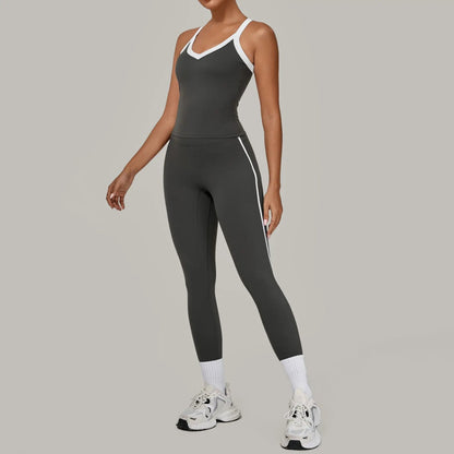Autumn Yoga Outfit for Women V Neck Sports Tank Top Sets with Chest Pad Workout Leggings Sports Tracksuit Jogging Tights Good Vibrations