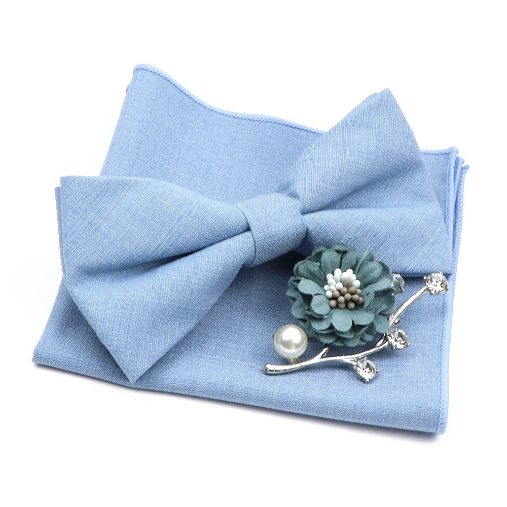Mens Wedding Bowtie Brooch Set Romantic Solid Color Bamboo Fiber Bowknot Flower Lapel Pin Blue Pink Cravat Suit Shirt Accessory Good Vibrations
