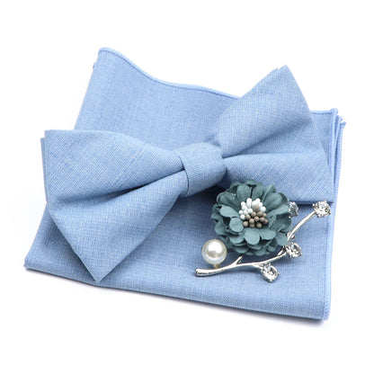Mens Wedding Bowtie Brooch Set Romantic Solid Color Bamboo Fiber Bowknot Flower Lapel Pin Blue Pink Cravat Suit Shirt Accessory Good Vibrations