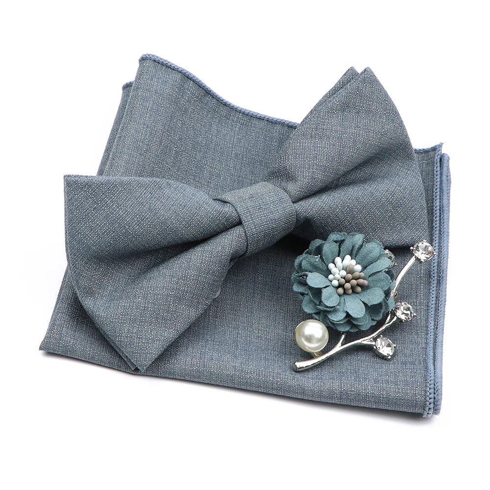 Mens Wedding Bowtie Brooch Set Romantic Solid Color Bamboo Fiber Bowknot Flower Lapel Pin Blue Pink Cravat Suit Shirt Accessory Good Vibrations