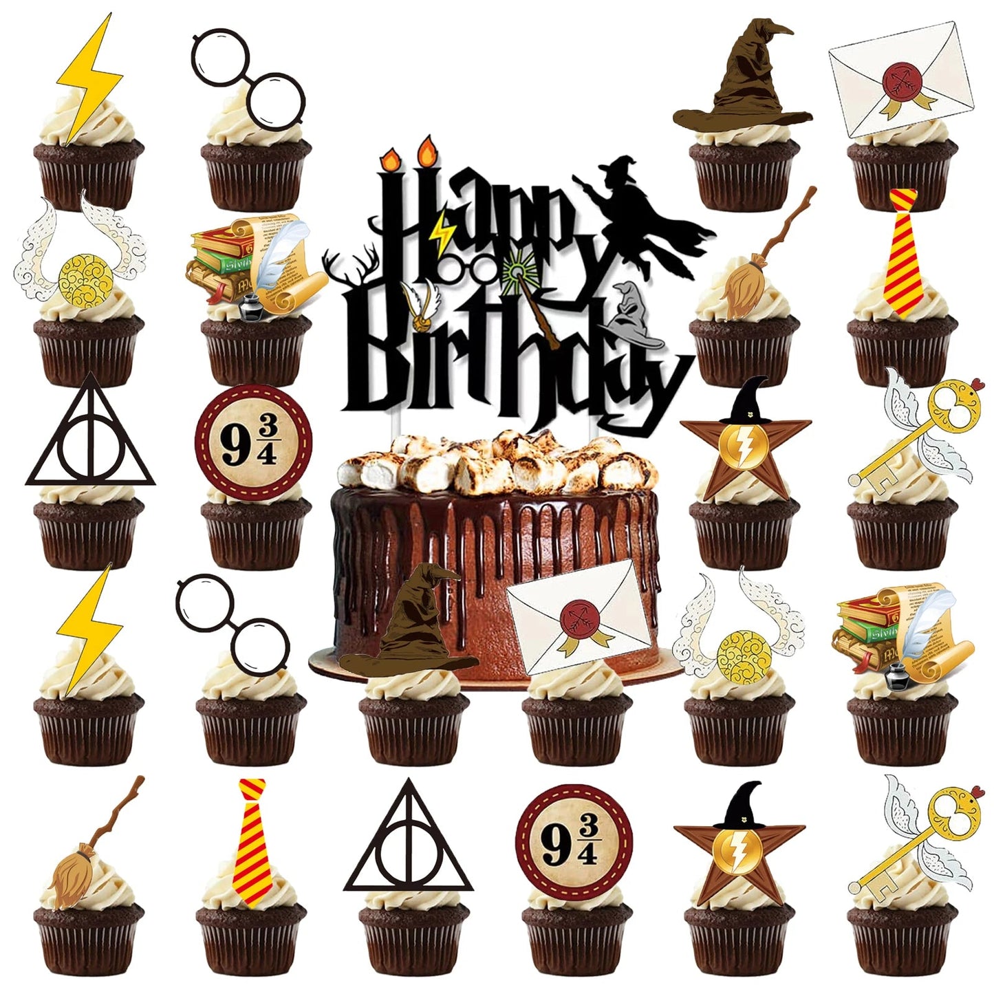 25pcs Harry Potter Cake Topper、Cupcake Toppers, Harry Potter Birthday Decorations，Harry Potter Theme Party Supplies Good Vibrations