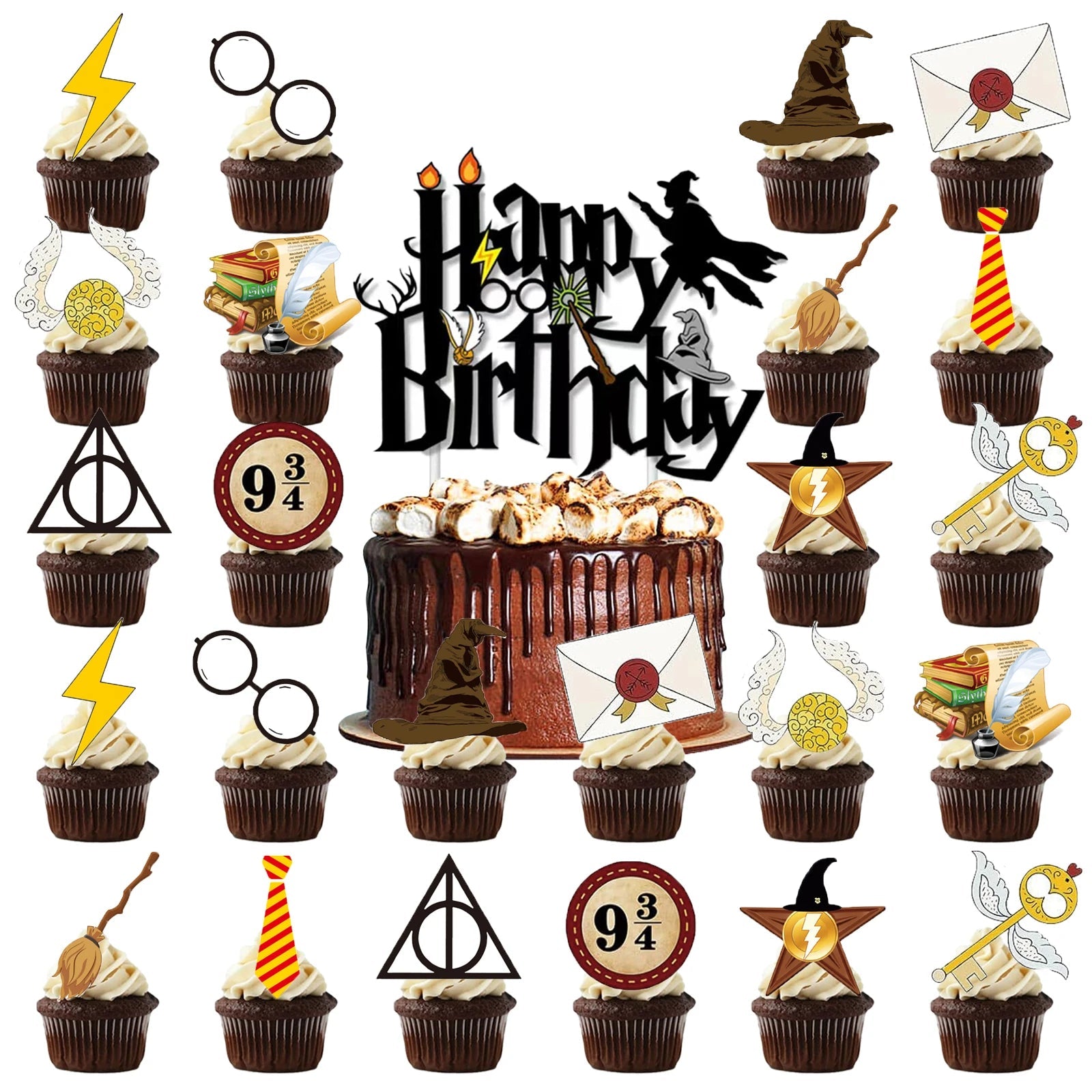 25pcs Harry Potter Cake Topper、Cupcake Toppers, Harry Potter Birthday Decorations，Harry Potter Theme Party Supplies Good Vibrations