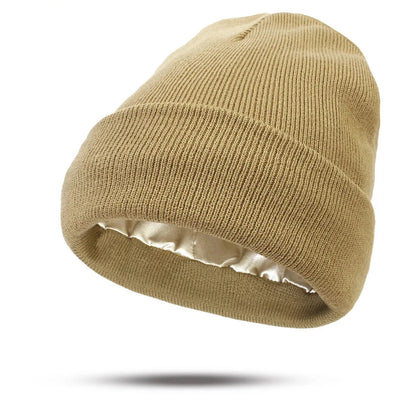 Women's Hats for Autumn&Winter-Comfortable Stylish Versatile Warm-Keeping Hairstyle-Protecting Knitted Satin Woolen Hats Good Vibrations