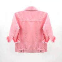 2024 New Women Spring Autumn Denim Jacket Tops Pink Color Solid Short Multicolor Feminino Three Quarter Sleeve Jean Jacket Good Vibrations