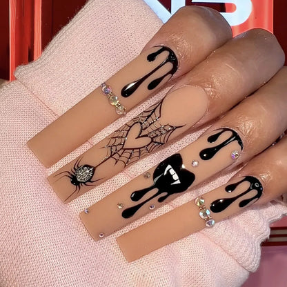 Scary Blood Skull Fake Nails Long Coffin Ballet Halloween Style False Nails 24pcs Wearable Press on Nail tips for Halloween Gift Good Vibrations