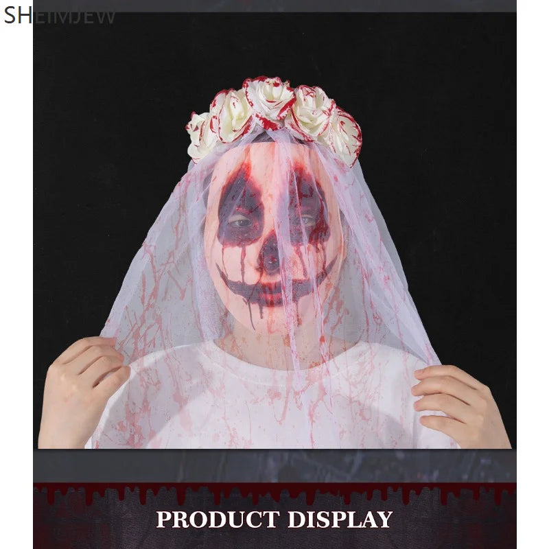 Halloween Gothic Bridal Veil Flower Headdress Bloody Mask Weird Role Playing Accessories Adult Horror Theme Party Costume Props Good Vibrations