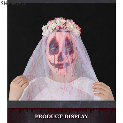 Halloween Gothic Bridal Veil Flower Headdress Bloody Mask Weird Role Playing Accessories Adult Horror Theme Party Costume Props Good Vibrations