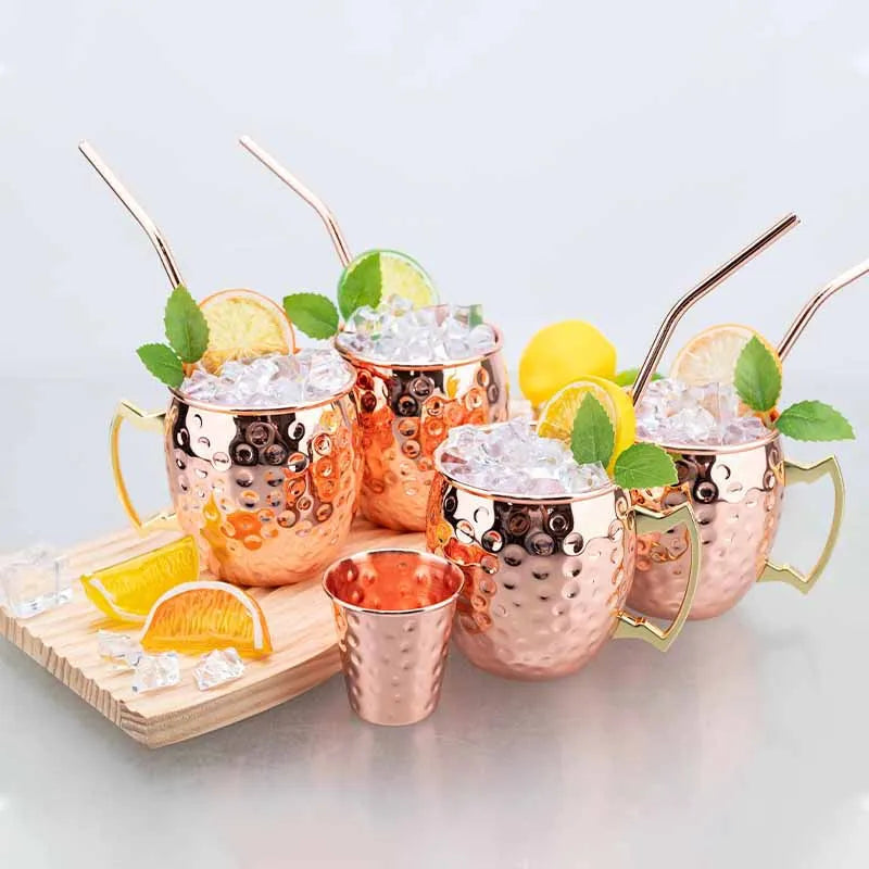 Moscow Mule Mug Set with Straw Copper Plated Hammered 350ml - 304 Stainless Steel Mini Cups with Gift Box for Bar and Home Good Vibrations