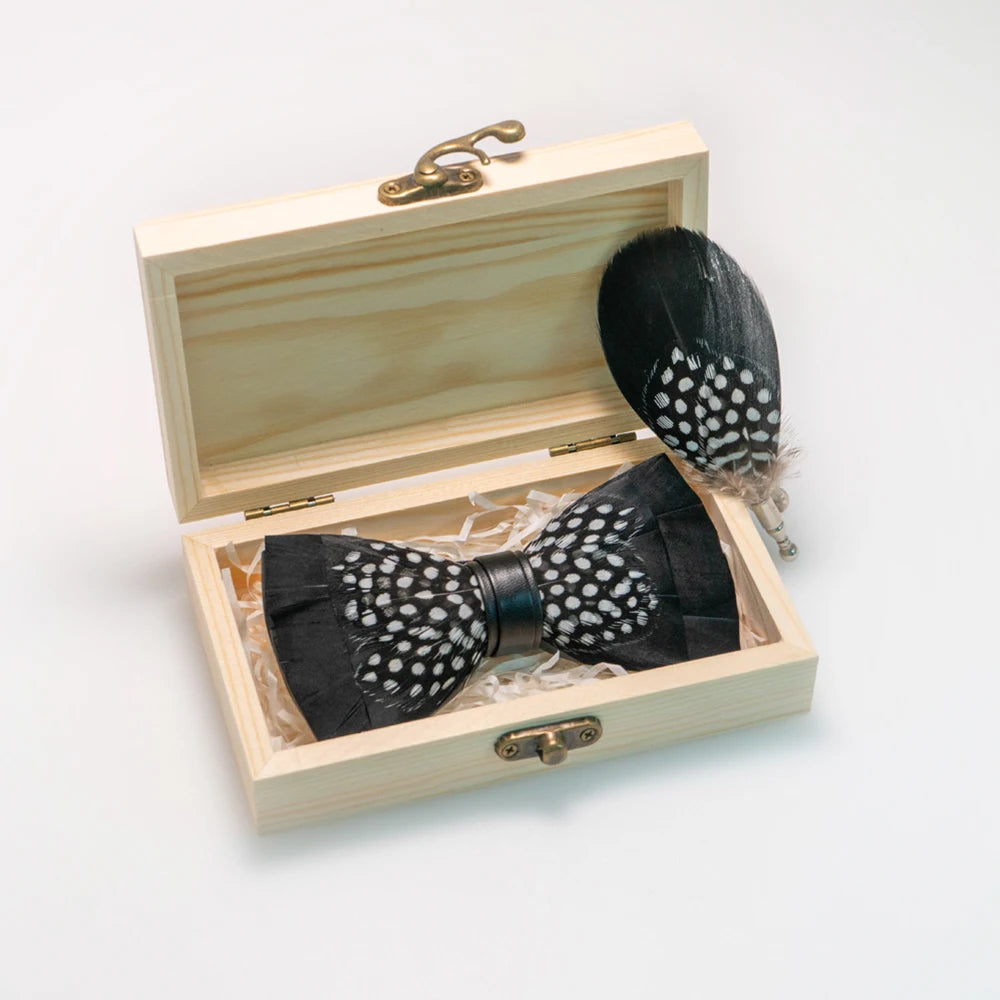 Wedding Bow Tie for Men handmade feather bow tie black white Pre-tied bowtie  brooch wooden box Set for Party birthday Gift Good Vibrations