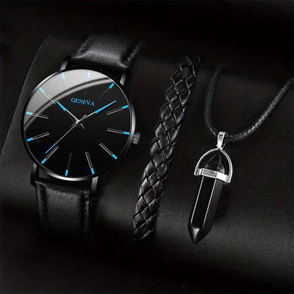 3PCS/Set Men Business Watches Casual Leather Band Analog Male's Quartz Watch Necklace Bracelet Set Good Vibrations