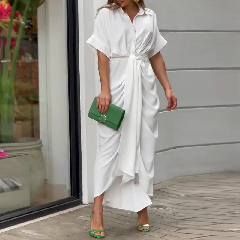 Elegant Dresses For Lady Vestidos 2026 Woman Dress Vestido Commuting Temperament Printed Irregular Leace-up Lapel Slim Contrast Good Vibrations