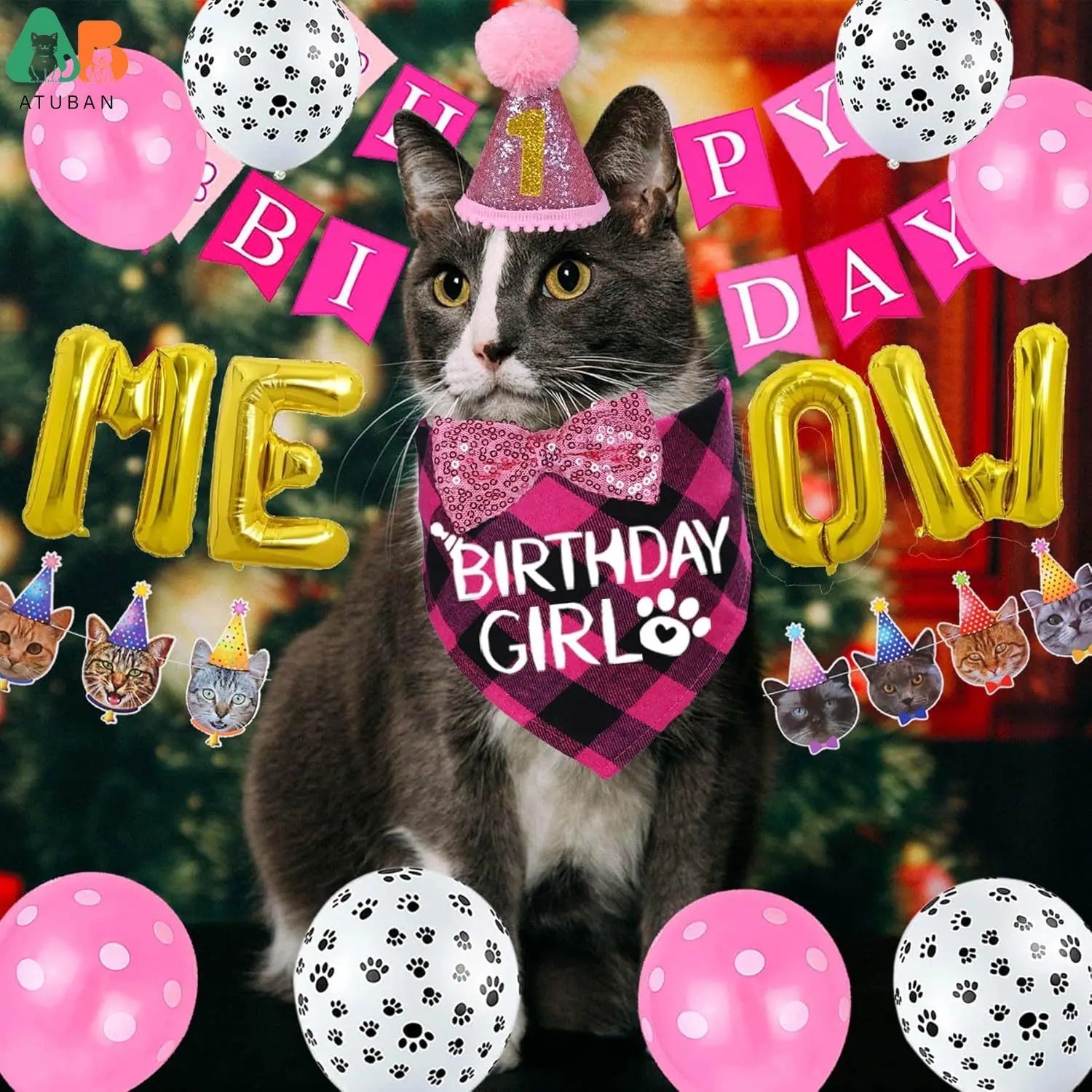 Cat Birthday Party Supplies,Cat Birthday Hat with Cat Birthday Bandana Bow Tie Collar Birthday Number Cat Birthday Decorations Good Vibrations