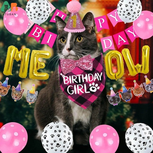 Cat Birthday Party Supplies,Cat Birthday Hat with Cat Birthday Bandana Bow Tie Collar Birthday Number Cat Birthday Decorations Good Vibrations
