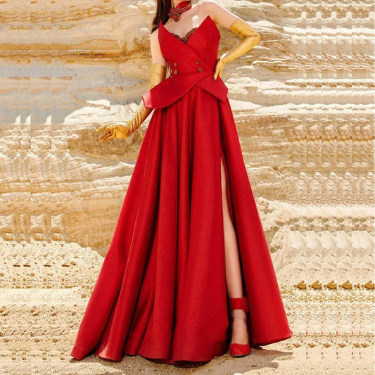 Formal Red Evening Dresses For Women Chic Sleeveless Pleat Beading Draped Gowns Luxury Floor Special Occasion Long Dress Vestido Good Vibrations