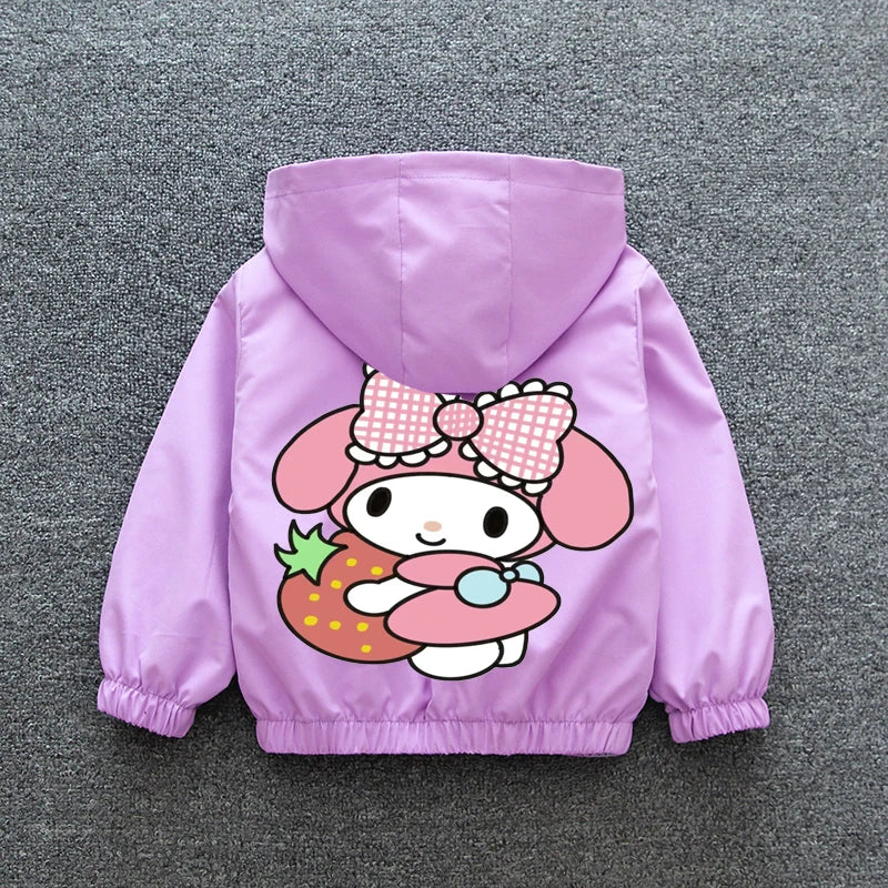 Kuromi Melody Girls Windbreaker Jacket 2024 New Spring Autumn Kid Fashion Cartoon Zipper Hooded Coat Teen Clothing Birthday Gift Good Vibrations