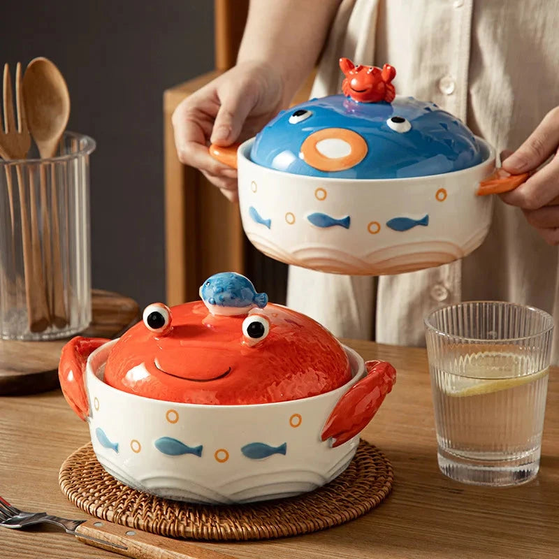 Creative Ocean Tableware Crab Globefish Shape Ceramic Ramen Bowls Phone Holder Two Handles Soup Bowls Good Vibrations