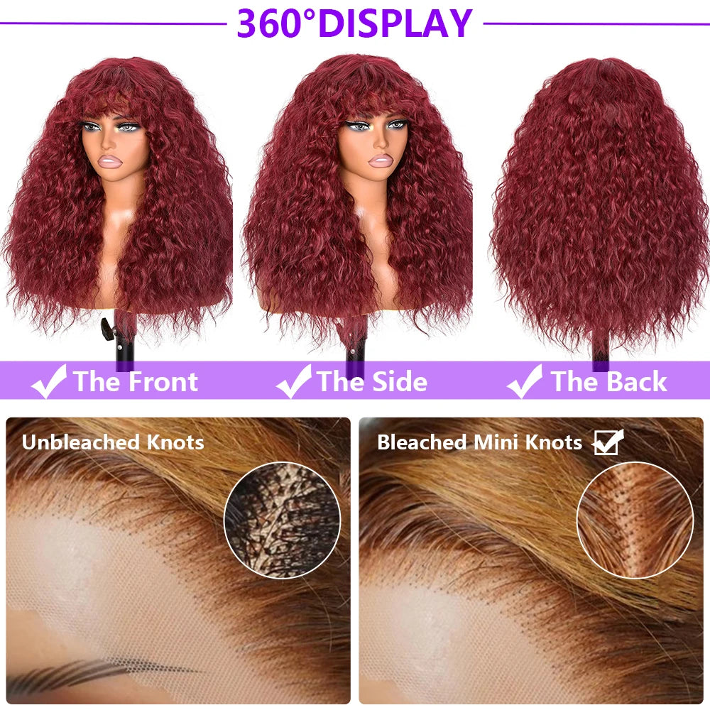 Glueless 200% Density 99J Burgundy Full Machine Made Deep Wave Wig with Bangs Water Wave Red Curly Human Hair Wigs Wear and Go Good Vibrations
