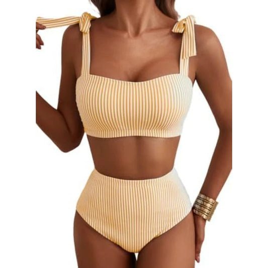 Women Two-piece Halter Vest Swimwear Sexy Striped Ruffle High Waisted Bikinis Set Female Bathing Suit Tie Strap Beachwear Good Vibrations