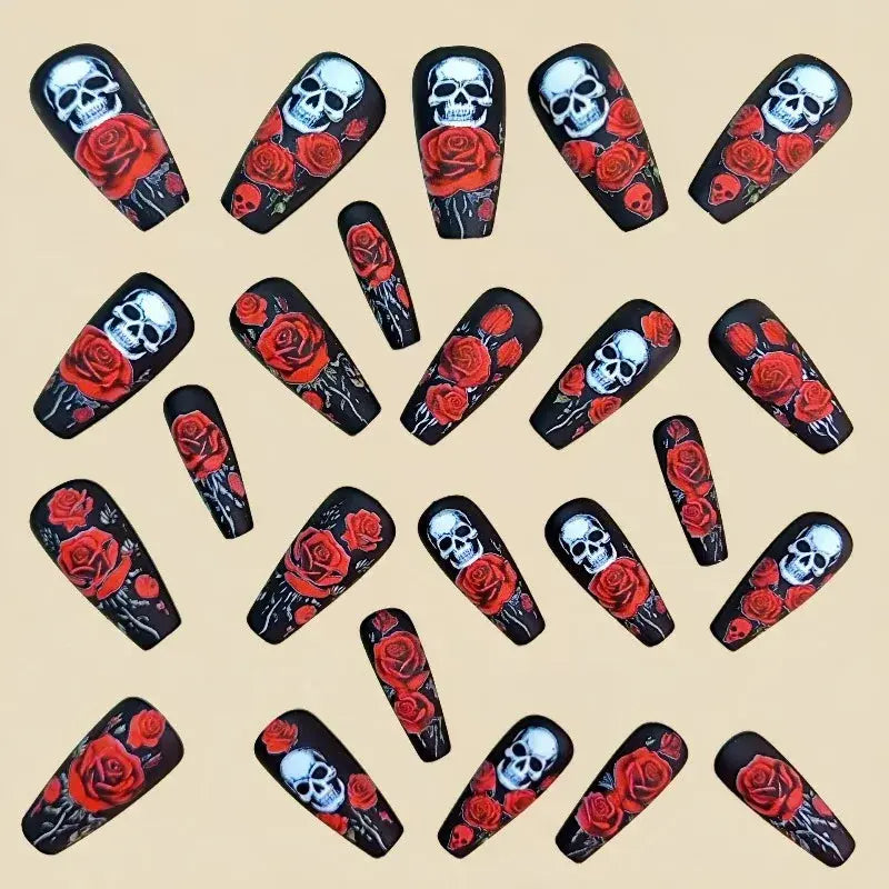 24 Halloween Nail Art Medium-Length Ballet Nails Press Ons with Design Red Rose Skullpcs False Nails for Girls Paste Nails 2025 Good Vibrations