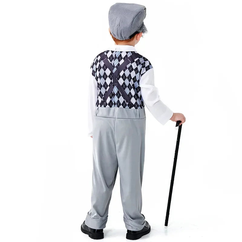 Halloween Cosplay Old Man Costume for Kids 100th Day of School Grandpa Costume Accessories Including Hat Glasses Beard Gangster Good Vibrations