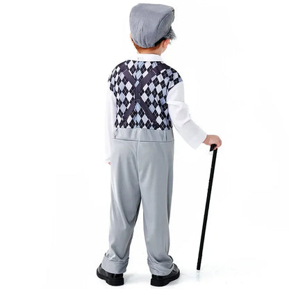 Halloween Cosplay Old Man Costume for Kids 100th Day of School Grandpa Costume Accessories Including Hat Glasses Beard Gangster Good Vibrations
