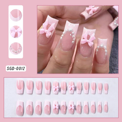 24Pcs Pink Leopard Print French Tips False Nails Short Square Head 3D Black Bowknot Fake Nails Acrylic Full Cover Press on Nails Good Vibrations