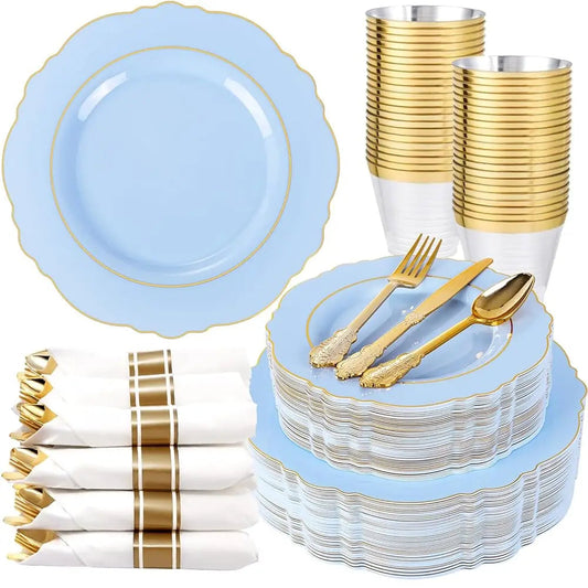 350Pcs Bule Plastic Plates - Disposable Bule And Gold Plates 50Guest Baroque Plastic Dinnerware Lude 100Plates, 50Pa Pre Rolled Good Vibrations