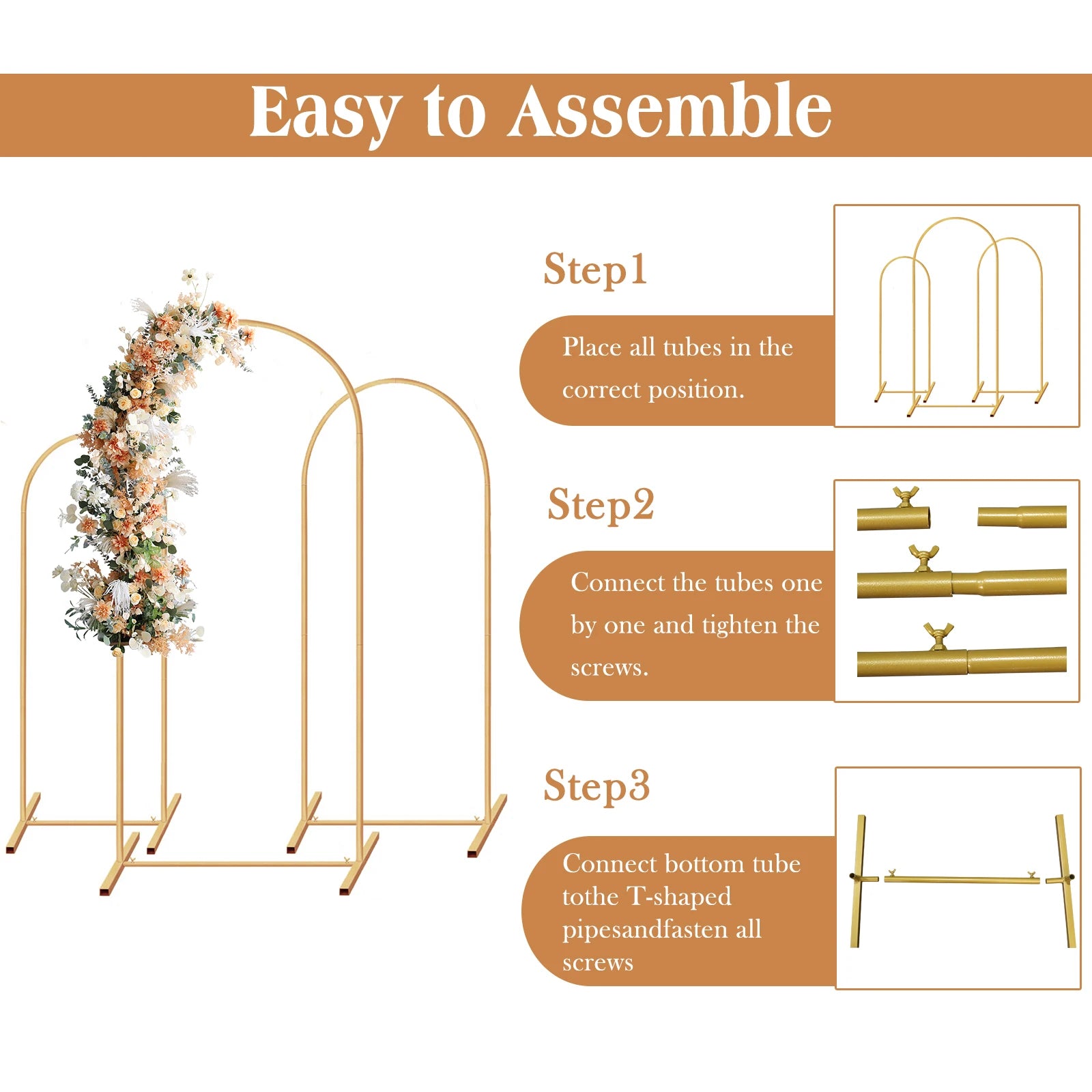 Arch Backdrop Stand, Set of 3 Gold Metal Arch Stand Wedding Arch Frame Square Balloon Arch Stand for Birthday Party Baby Shower Good Vibrations