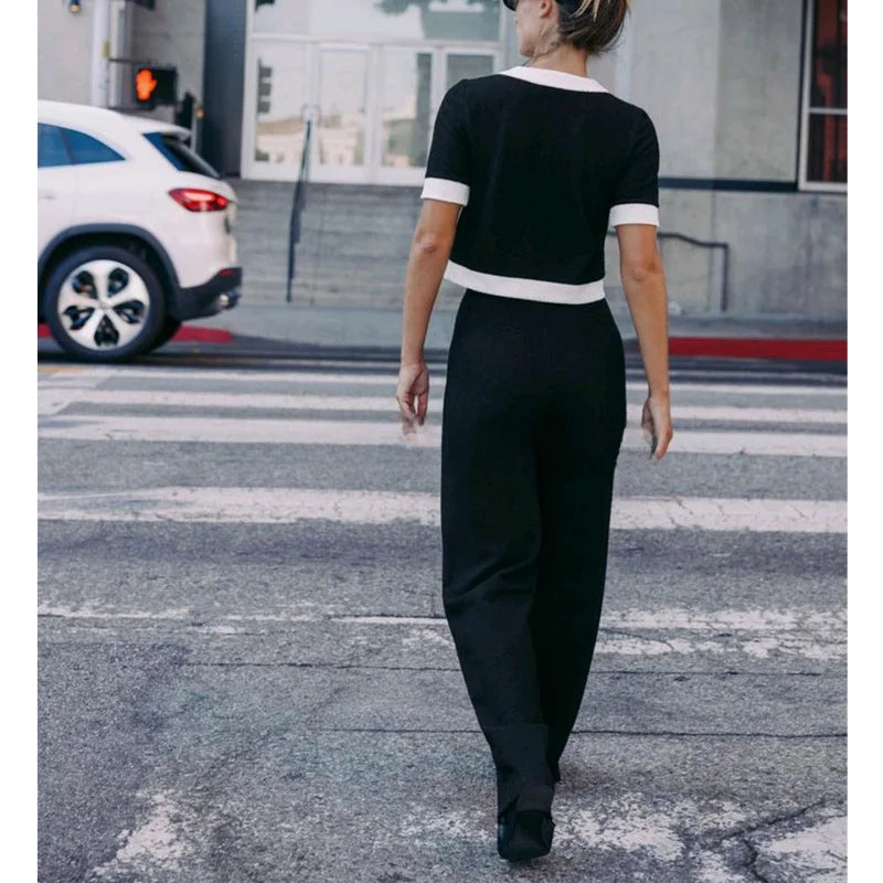 Women's Faion Set Casual Sle round Ne ort Sve Coat And High Waist Pants Elastic Waist Color Blo Pearl Woolen Jaet Good Vibrations